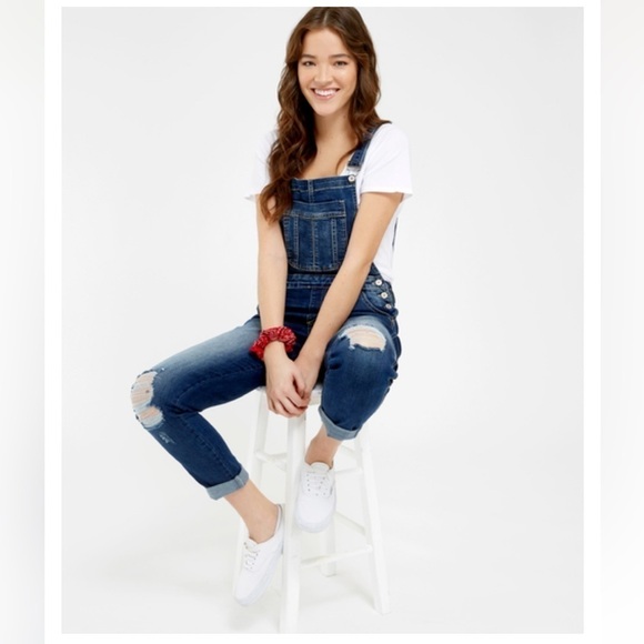 Kancan Women’s Dark Wash Distressed Skinny Jean Overalls Size‎ Small - Picture 1 of 8